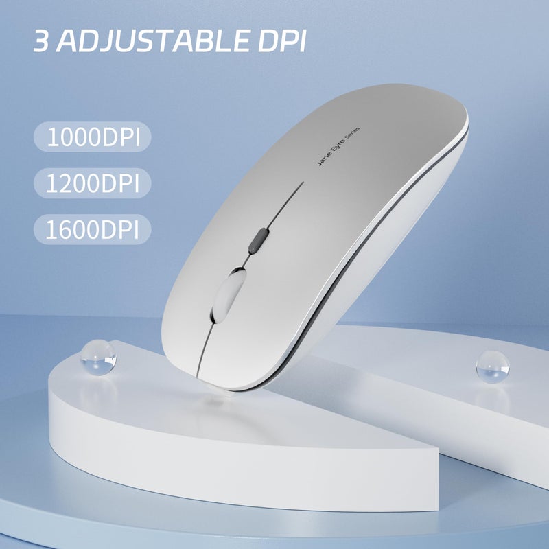 Uciefy Q5 Slim Rechargeable Wireless Mouse, 2.4G Portable Optical Silent Ultra Thin Wireless Computer Mouse with USB Receiver and Type C Adapter, Compatible with PC, Laptop, Notebook, Desktop (Silver) - Image 4